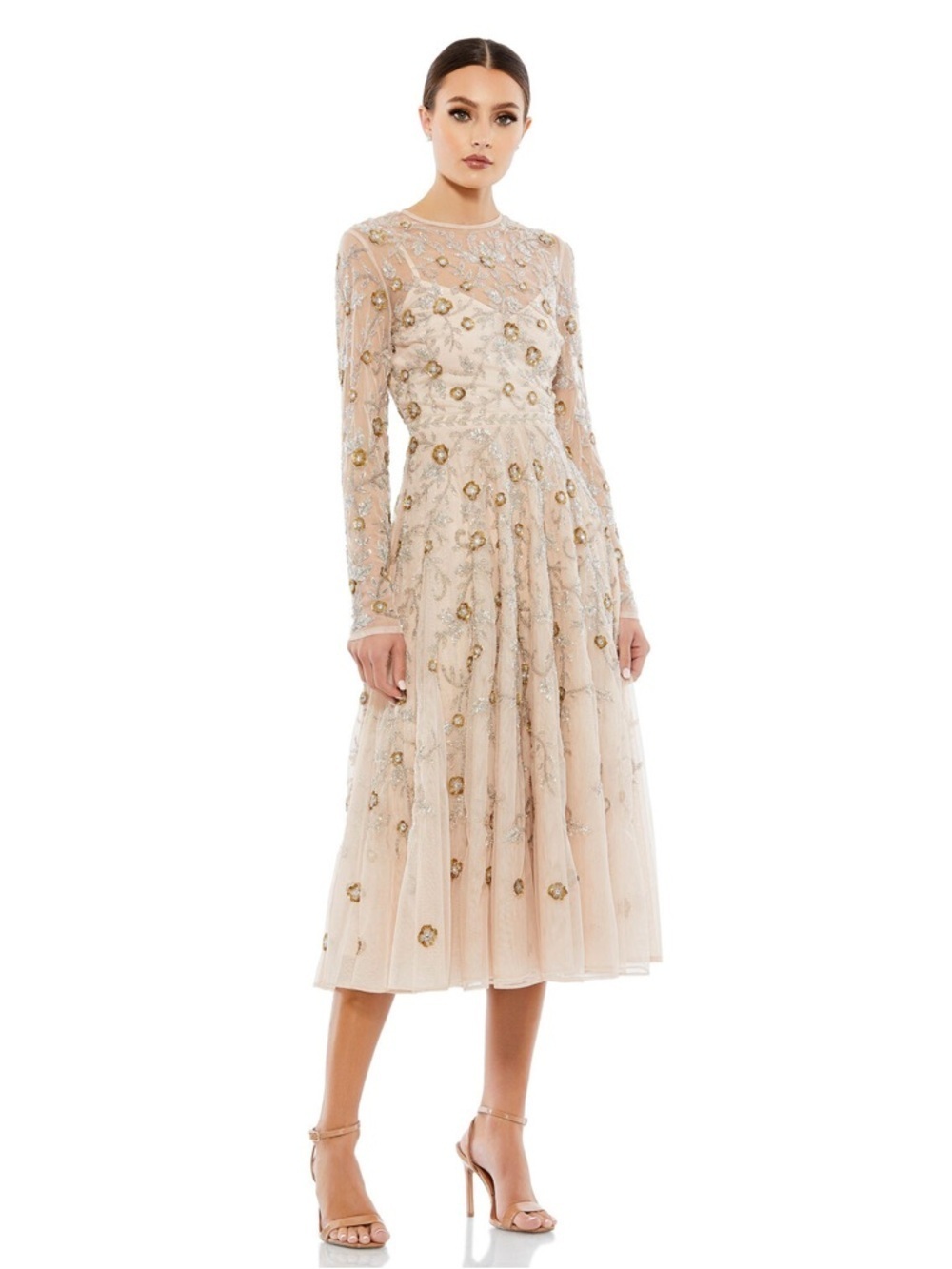 Mac Duggal 10799 Beaded Illusion High Neck Long Sleeve A Line Dress Size 14 NWT